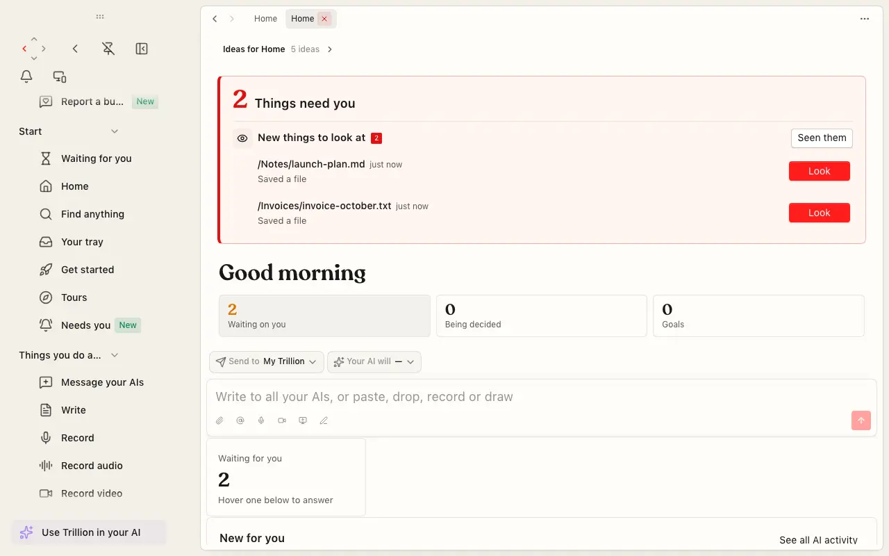 Trillion workspace showing its lists, messages, and activity